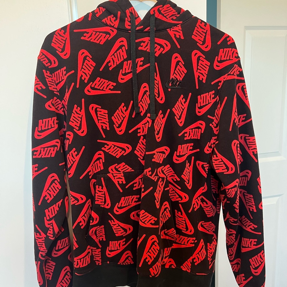 Nike Black Hoodie with Red Logo Pattern